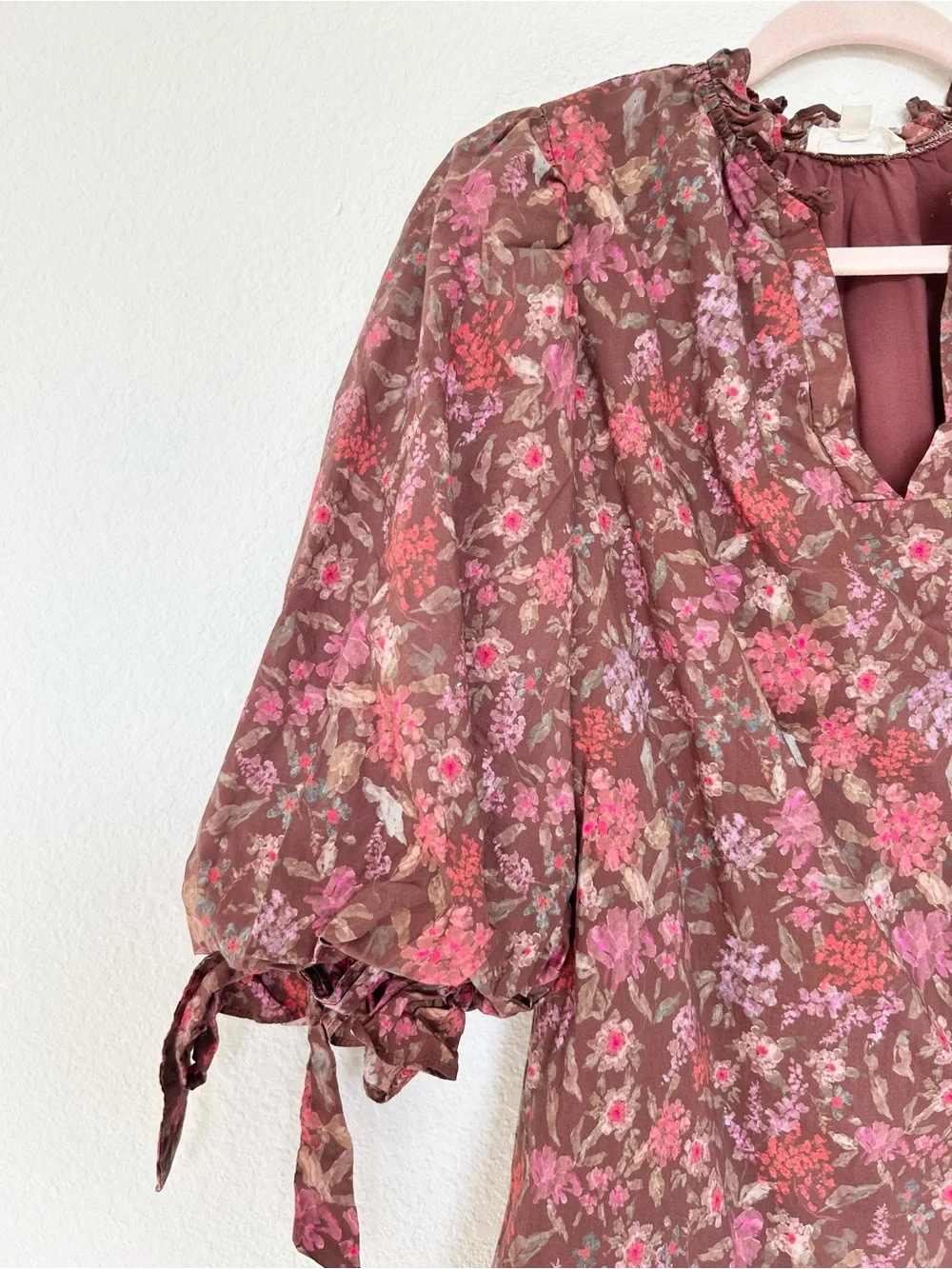 Entro Brown Floral Poplin Mini Dress with Ribbon Detail - Picture 4 of 7